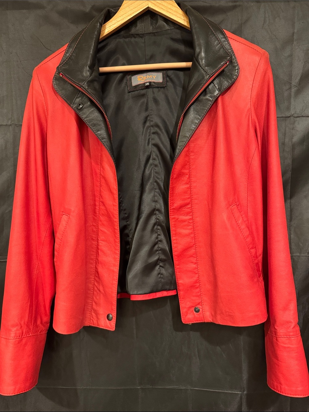 Women's Designer Red Leather Jacket with Black Trim